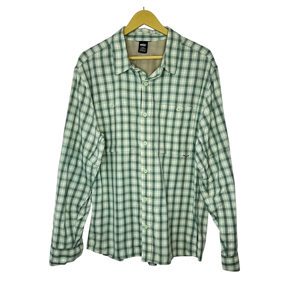 REI Co-op Sahara Long-Sleeve Shirt Mens Large Green Plaid Button Up Hiking Top